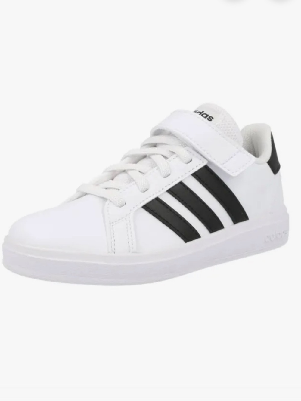 adidas Kids White Grand Court Sneaker with Black Stripes,Velcro, White heel sz 2